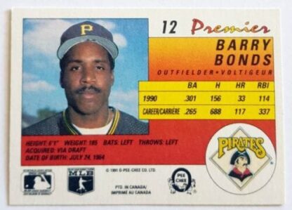 Barry Bonds O Pee Chee Premier 1990 Card #12 Pittsburgh Pirates back