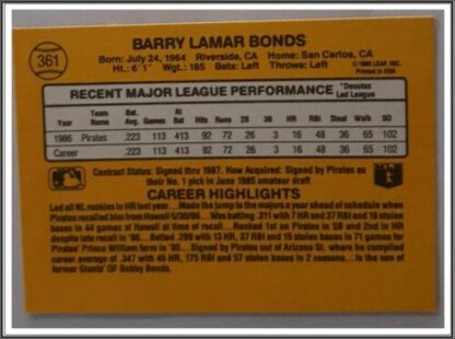 Barry Bonds Donruss 1987 Back