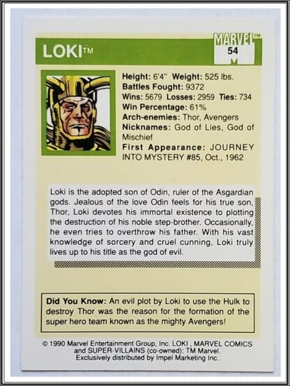 Loki Marvel Comics Cards 1990 "Super-Villains" Trading Card #54 back