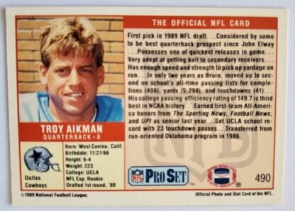 Troy Aikman Pro Set "Prospect #1 Pick" 1989 NFL Trading Card #490 Back
