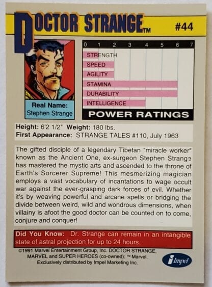 Dr. Strange Marvel Trading Card "Super Heroes" 1991 Card #44 back
