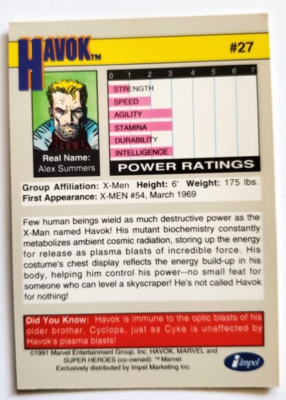 Havok Marvel Impel Marketing 1991 Card #27 Back