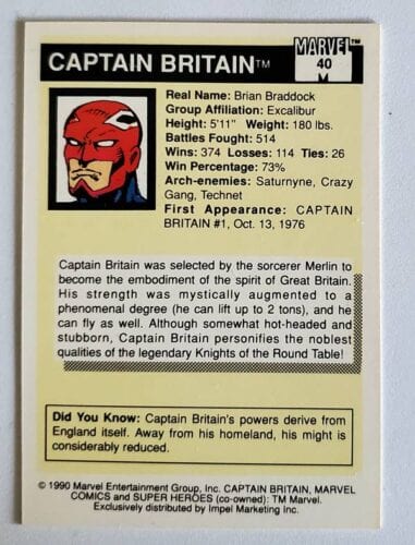 Captain Britain Marvel Comics Card 1990 Back