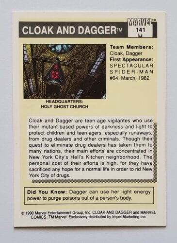 Cloak and Dagger Marvel Comics Cards 1990 Back