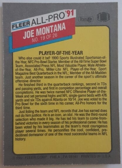 Joe Montana Fleer "All Pro" 1991 Back