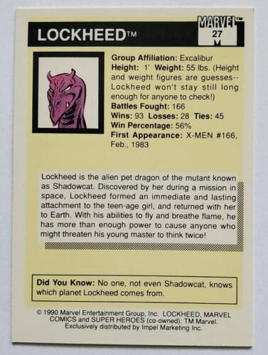 Lockheed Marvel Comics Card 1990 Back