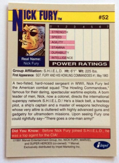 Nick Fury "Super-Heroes" Marvel Comics Card 1991 Card #52 back