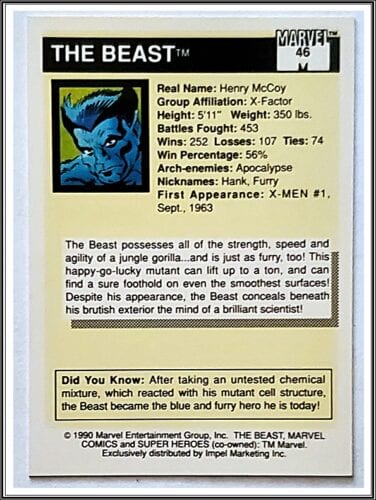 Beast Marvel Comics Card 1990 Back