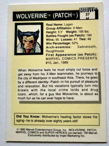 Wolverine "Patch" Marvel Comics Card 1990 Back