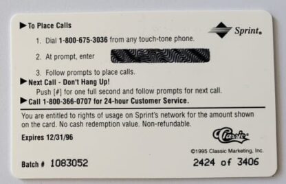 Dale Earnhardt 5 Sport Classic $4 Phone Card Back