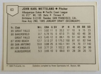 John Wetteland ProCards 1989 Back