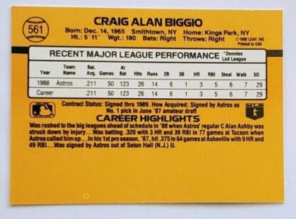 Craig Biggio Donruss 1989 Back