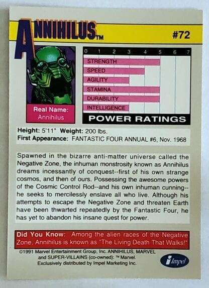 Annihilus Marvel 1991 "Super Villains" Card #72