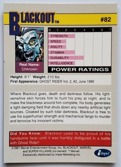Blackout Marvel 1991 "Super Villains" Card #82 Back