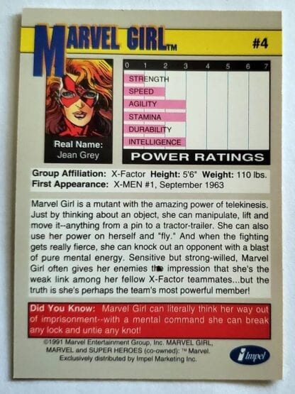 Marvel Girl Marvel 1991 "Super Heroes" Back