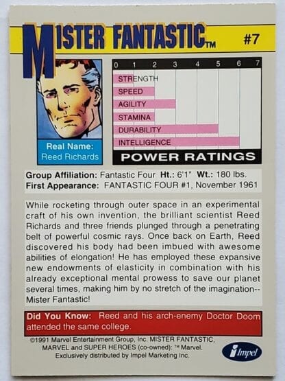 Mister Fantastic Marvel 1991 Back