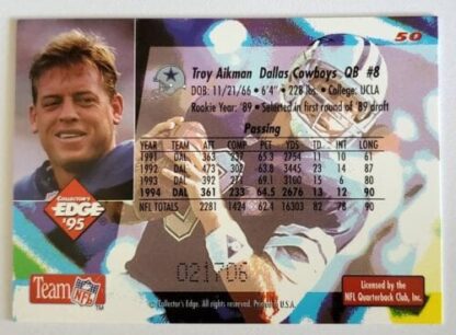 Troy Aikman Black Label Collector's Edge 1995 Card #50 Back