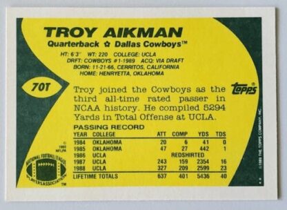Troy Aikman Topps 1989 Card #70T Back