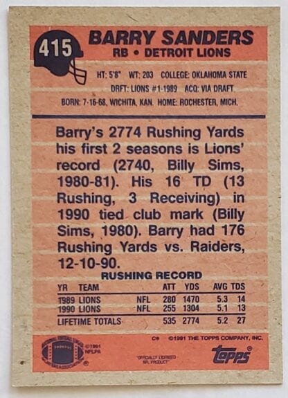Barry Sanders Topps 1991 "All Pro" NFL Trading Card #415 Back