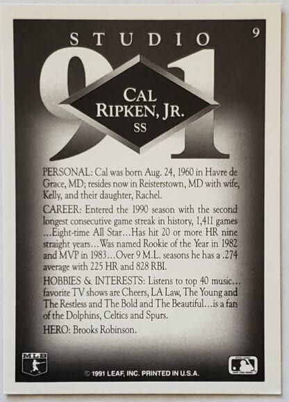 Cal Ripken Studio 1991 MLB Trading Card #9 Back