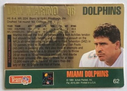 Dan Marino Action Packed 1994 NFL Card #62 Back