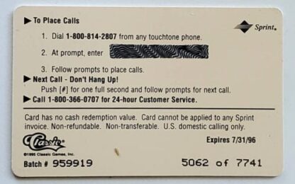 Drew Bledsoe Classic Asset Gold $2 Phone Card 1995 #5062 of 7741 Back