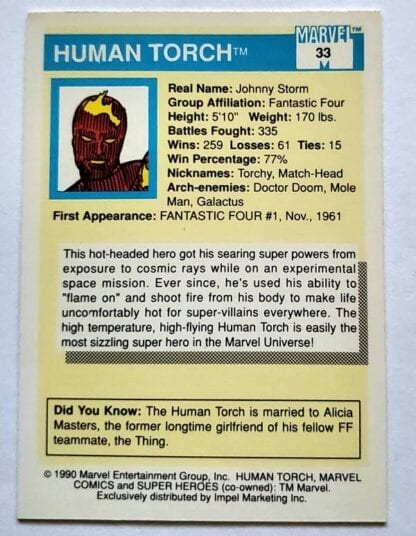 Human Torch Marvel Comics Cards 1990 "Super-Heroes" Card #33 Back