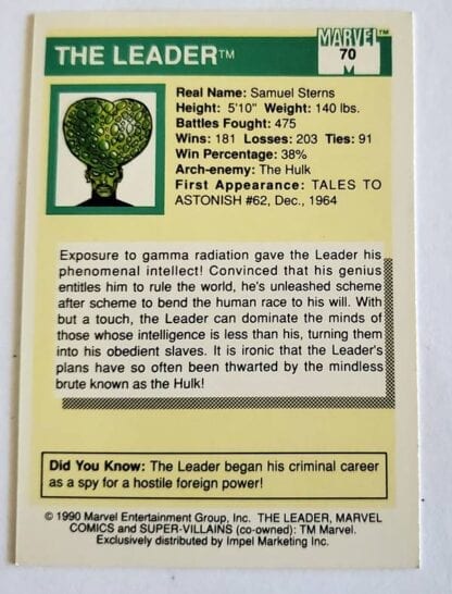 The Leader Marvel 1990 Impel Marketing Comic Card #70 Back