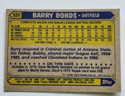 Barry Bonds Topps 1987 Card #320 Back