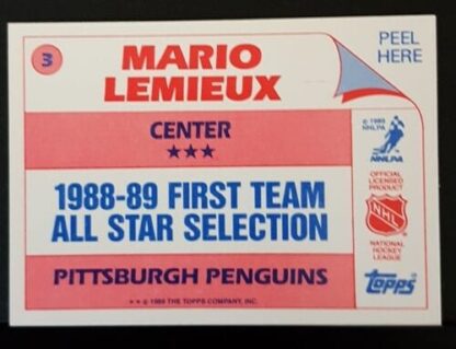 Mario Lemieux Topps Sticker 1989 NHL Sports Trading Card #3 Back