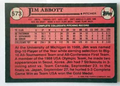 Jim Abbott Topps 1989 "#1 Draft Pick" MLB Sports Trading Card #573 Back