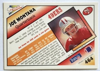 Joe Montana Pacific 1991 NFL Trading Card #464 Back