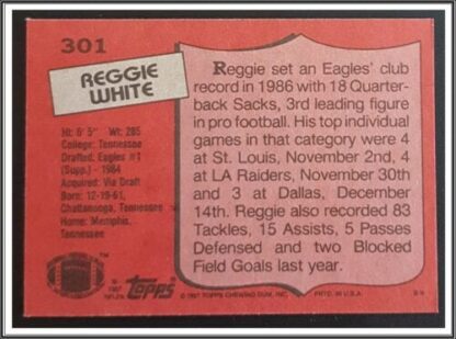 Reggie White Topps 1987 NFL Sports #301 Back