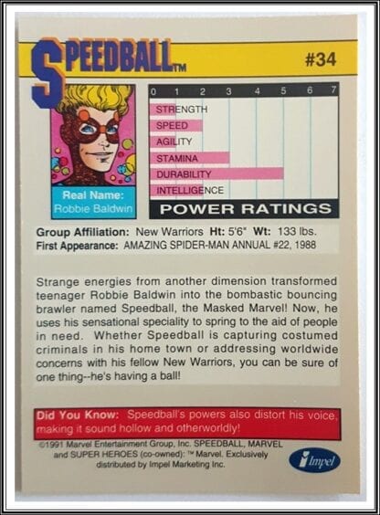 Speedball Marvel 1991 "Super Heroes" Comic Trading Card #34 Back