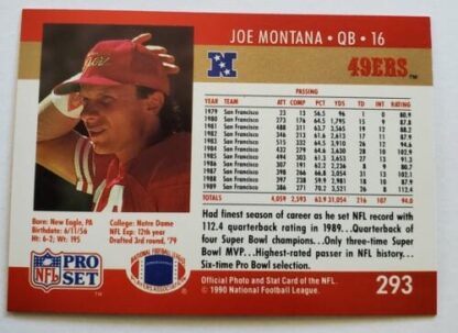 Joe Montana Pro Set 1990 NFL Sporting Card #293 San Francisco 49ers Back