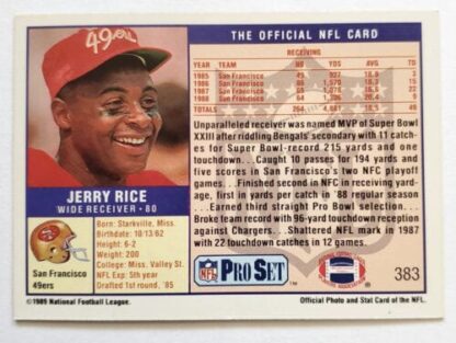 Jerry Rice Pro Set 1989 NFL Card #383 San Francisco 49ers Back