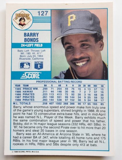 Barry Bonds Score 1989 MLB Trading Card #127 Back