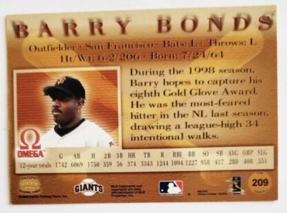 Barry Bonds Pacific Omega 1998 MLB Trading Card #209 San Francisco Giants Back