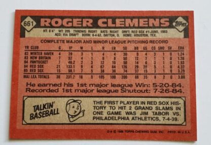 Roger Clemens Topps 1986 MLB Trading Card #661 Boston Red Sox back