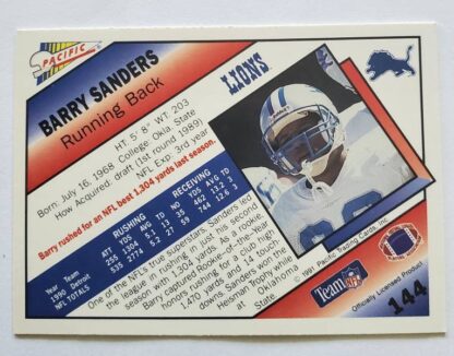 Barry Sanders Pacific 1991 NFL Card #144 Back
