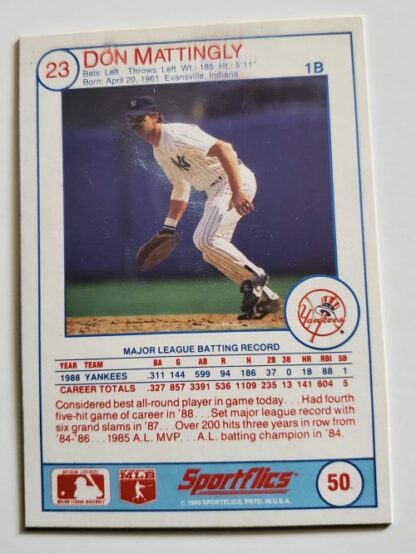 Don Mattingly Sportflics 1989 MLB Sports Trading Card #50 back
