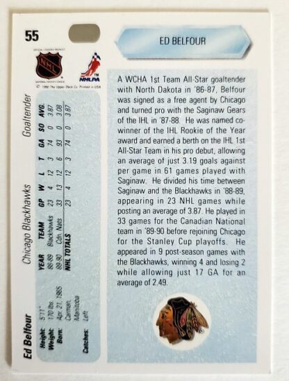 Ed Belfour Upper Deck 1990 NHL Card #55 back