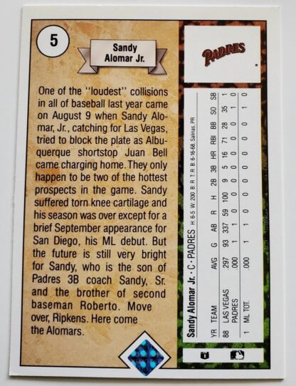 Sandy Alomar Jr. Upper Deck 1989 Card #5 Back