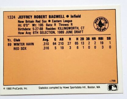 Jeff Bagwell ProCards 1990 "Minor League Card #1324 Back