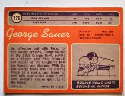 George Sauer Topps 1970 NFL Trading Card #176 Back