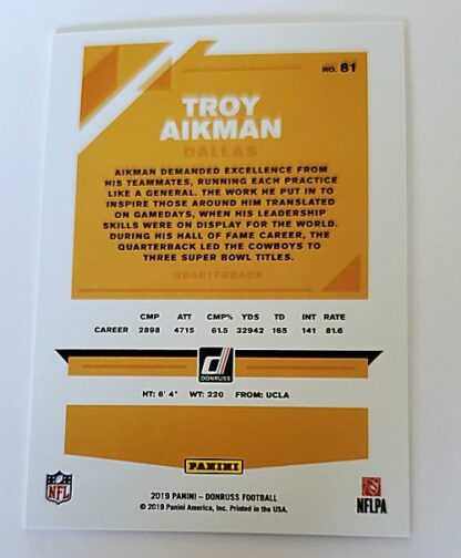 Troy Aikman Panini Donruss 2019 NFL Trading Card #81 Back