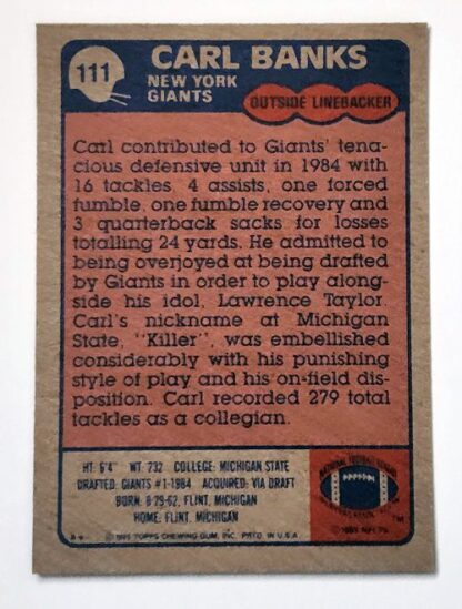 Carl Banks Topps 1985 NFL Trading Card #111 Back