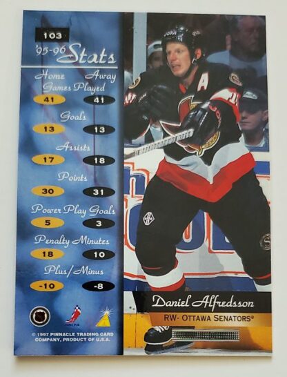 Daniel Alfredsson Pinnacle Zenith Edition 1997 NHL Card # 103 back