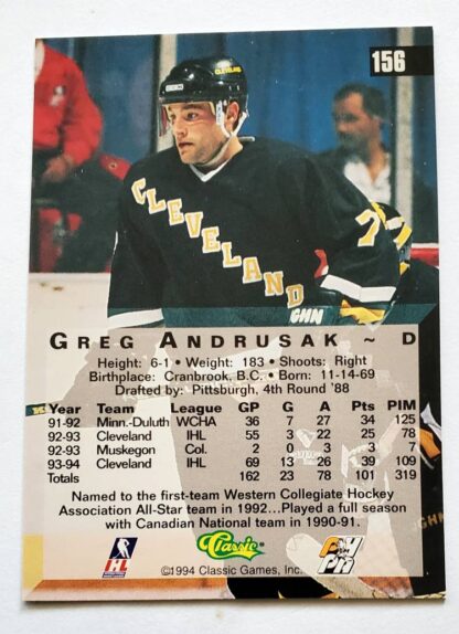 Greg Andrusak Classic 4 Sport 1994 NHL Card # 156 back