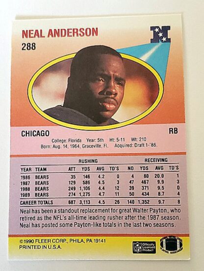 Neal Anderson Fleer 1990 NFL Trading Card #288 Back